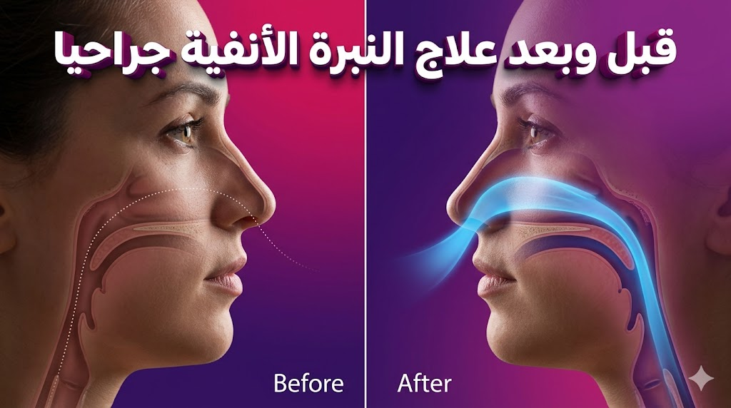 مقارنة قبل وبعد توضح تحسين مسار الهواء والرنين الصوتي بعد علاج النبرة الأنفية جراحيا.