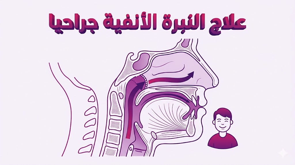 مخطط تشريحي تعليمي يوضح آلية عمل الصمام اللهاتي البلعومي وكيفية علاج النبرة الأنفية جراحيا.