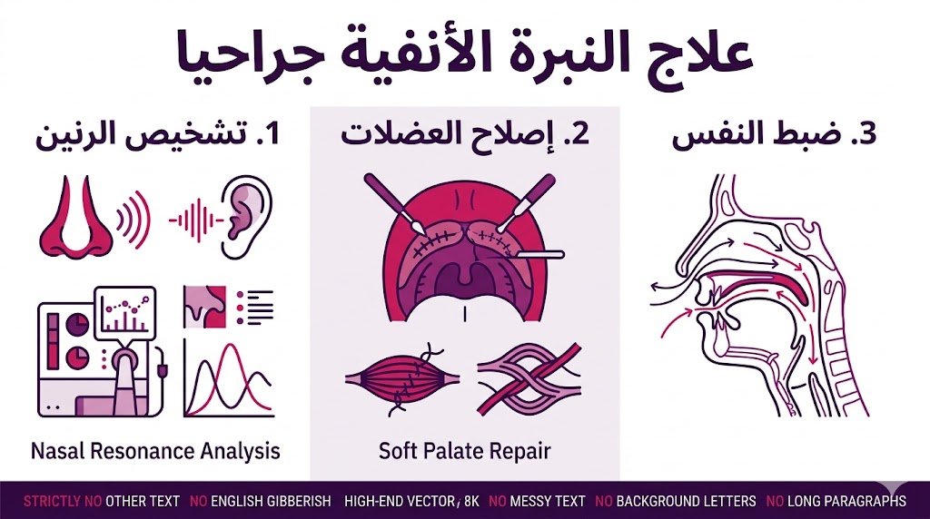 إنفوجرافيك طبي يوضح مراحل تشخيص وإصلاح مسارات الهواء عند علاج النبرة الأنفية جراحيا.