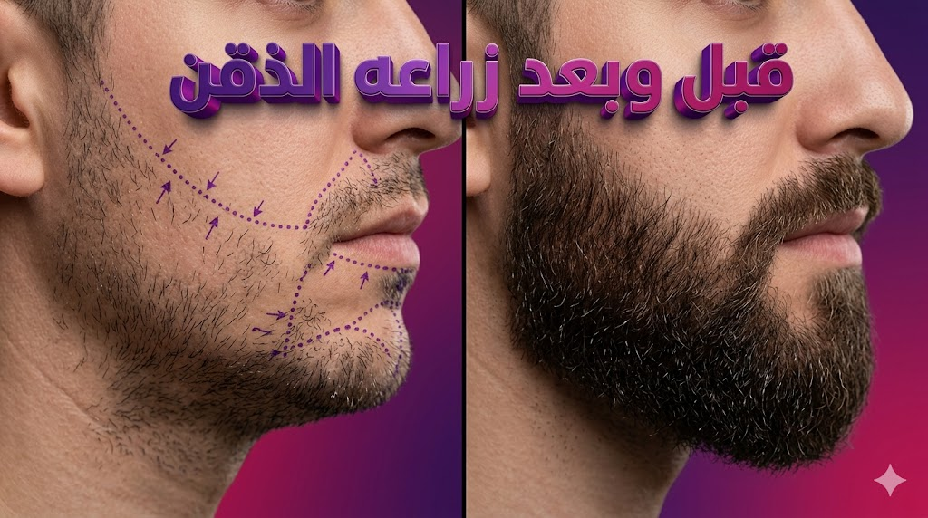 مقارنة قبل وبعد لعملية زراعه الذقن توضح الفرق في الكثافة وتصميم اللحية مع تخطيط طبي دقيق.