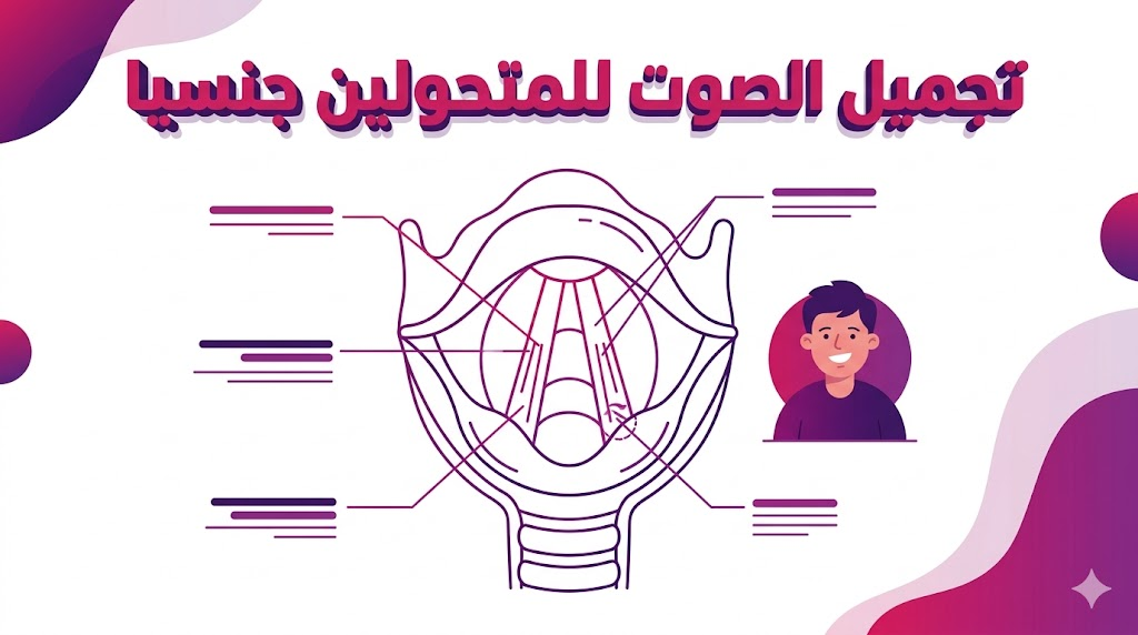 إنفوجرافيك طبي يوضح التشريح الداخلي للحنجرة وتقنيات تجميل الصوت للمتحولين جنسيا.