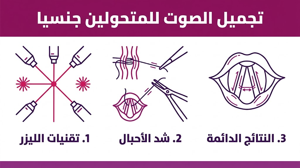  بوستر إنفوجرافيك مقسم لثلاثة أقسام يشرح مراحل ونتائج تجميل الصوت للمتحولين جنسيا.