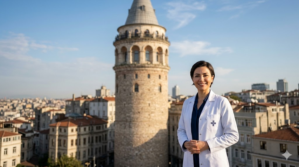  طبيب متخصص في تجميل الصوت للمتحولين جنسيا يقف أمام برج غالاتا التاريخي في تركيا.