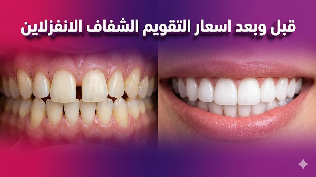  مقارنة قبل وبعد توضح نتائج اسعار التقويم الشفاف الانفزلاين على استقامة الأسنان وجمال الابتسامة.