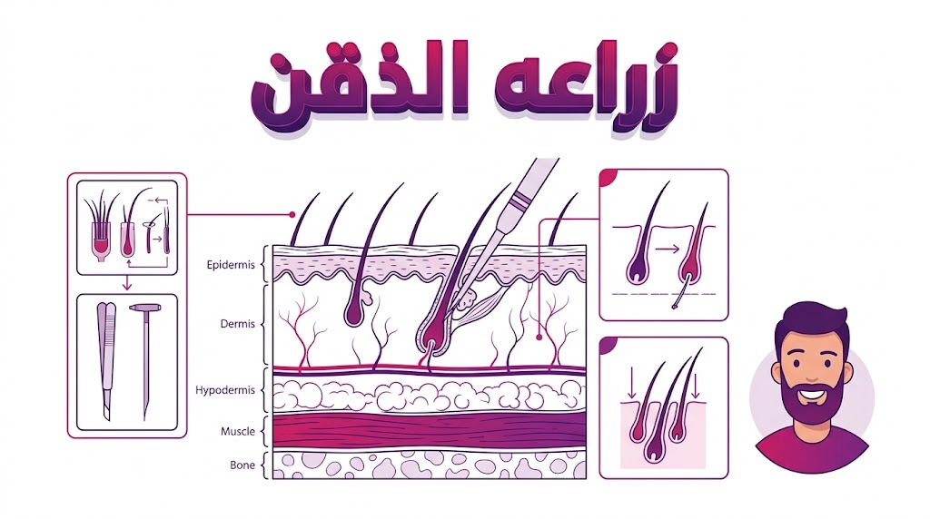 إنفوجرافيك طبي يوضح العلم وراء زراعه الذقن وزوايا غرس البصيلات لضمان نمو طبيعي للشعر.
