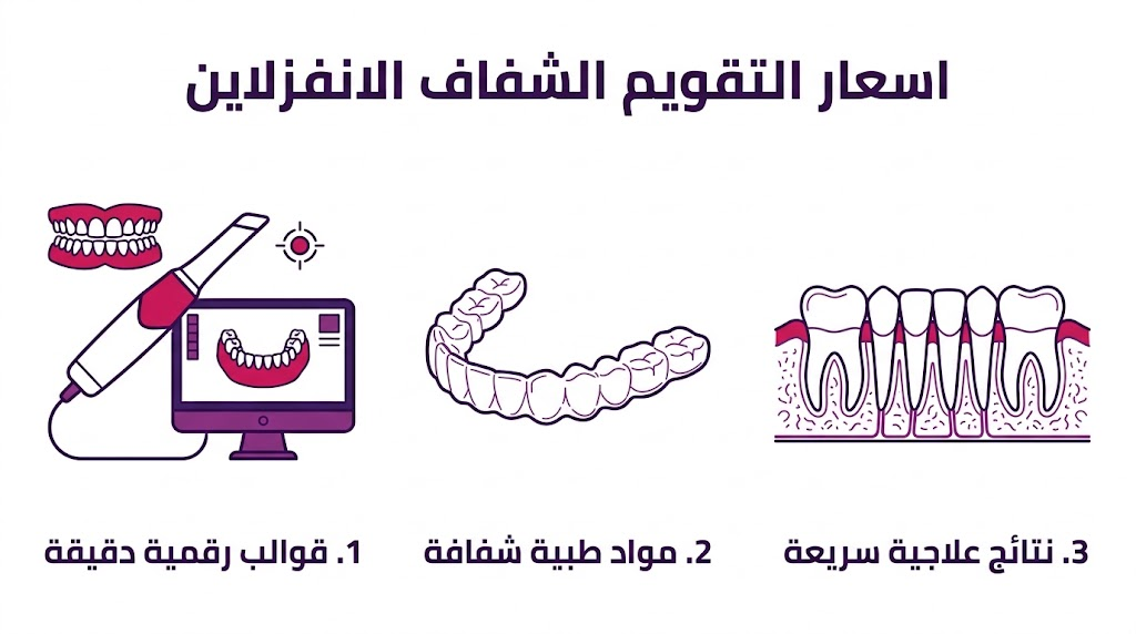  إنفوجرافيك تعليمي مقسم لثلاثة أقسام يشرح مميزات وتقنيات اسعار التقويم الشفاف الانفزلاين.