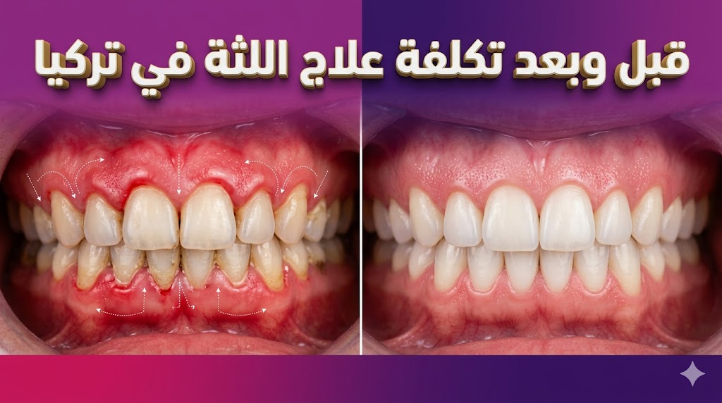 مقارنة قبل وبعد تظهر تحسن حالة اللثة وانحسار الالتهابات بعد معرفة تكلفة علاج اللثة في تركيا والبدء في البروتوكول العلاجي.