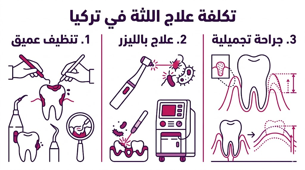  إنفوجرافيك طبي يوضح التقنيات الثلاث الرئيسية التي تدخل في تحديد تكلفة علاج اللثة في تركيا وتشمل التنظيف والليزر والجراحة.