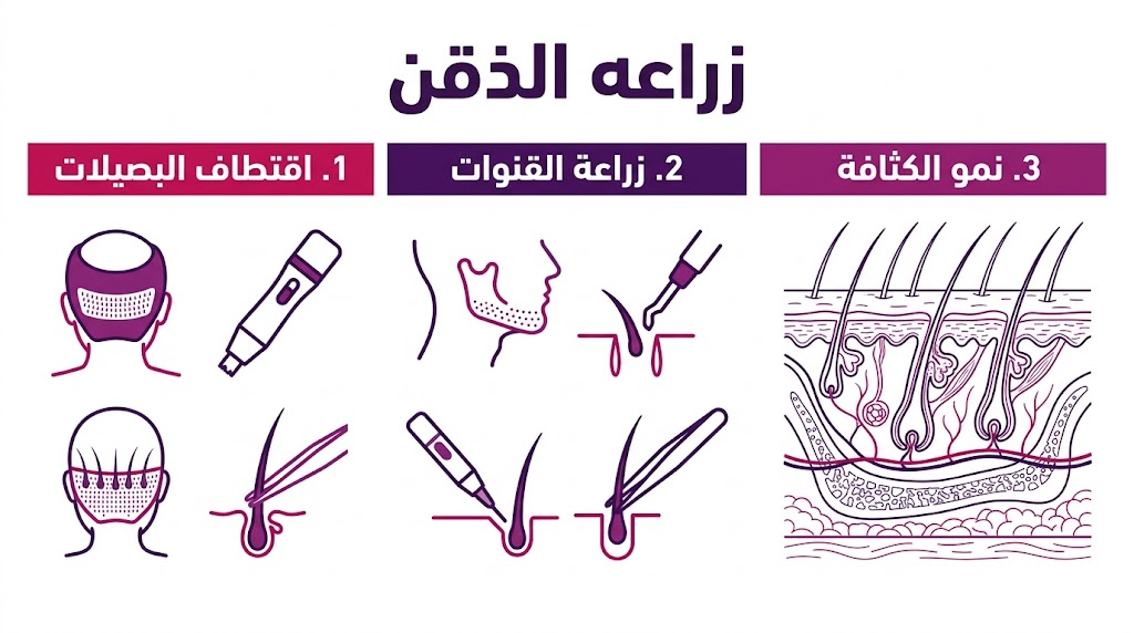  ملصق إنفوجرافيك تعليمي يشرح مراحل زراعه الذقن من الاقتطاف حتى الحصول على الكثافة النهائية.
