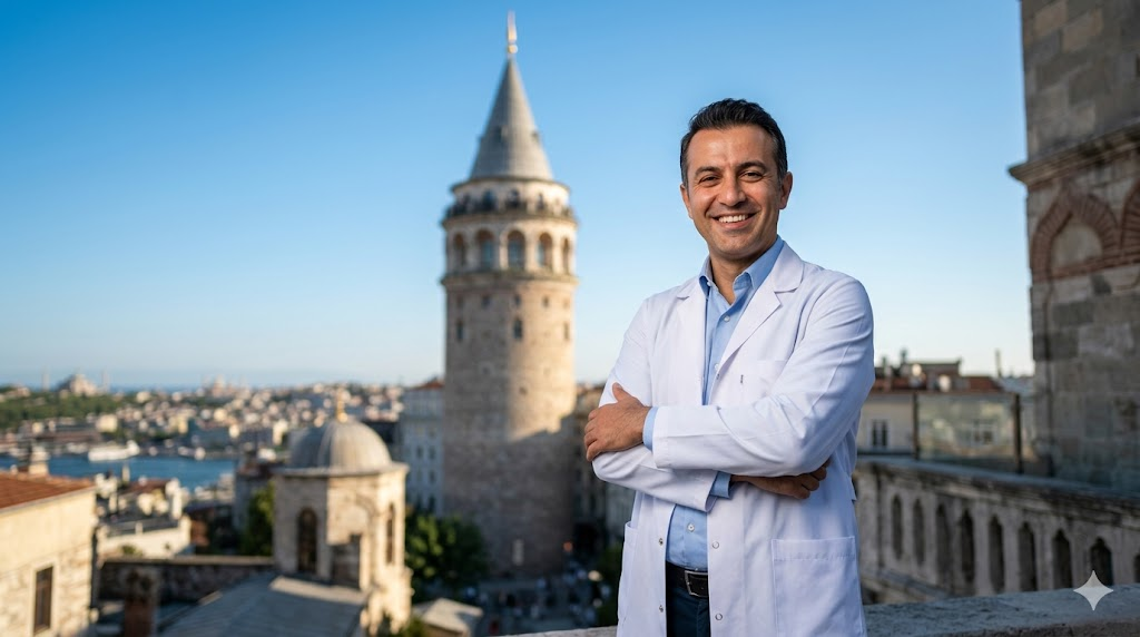 طبيب أسنان مبتسم أمام برج غالاتا في إسطنبول للتعريف بخدمات اسعار تبييض الاسنان بالليزر في تركيا.