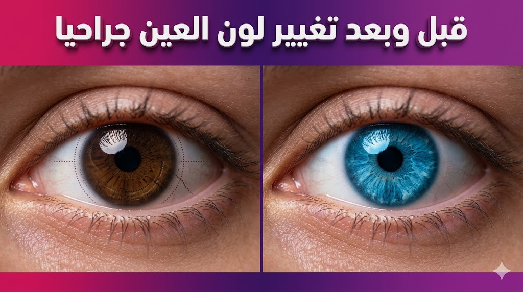 مقارنة قبل وبعد توضح نتائج تغيير لون العين جراحيا من اللون البني إلى الأزرق بوضوح فائق.