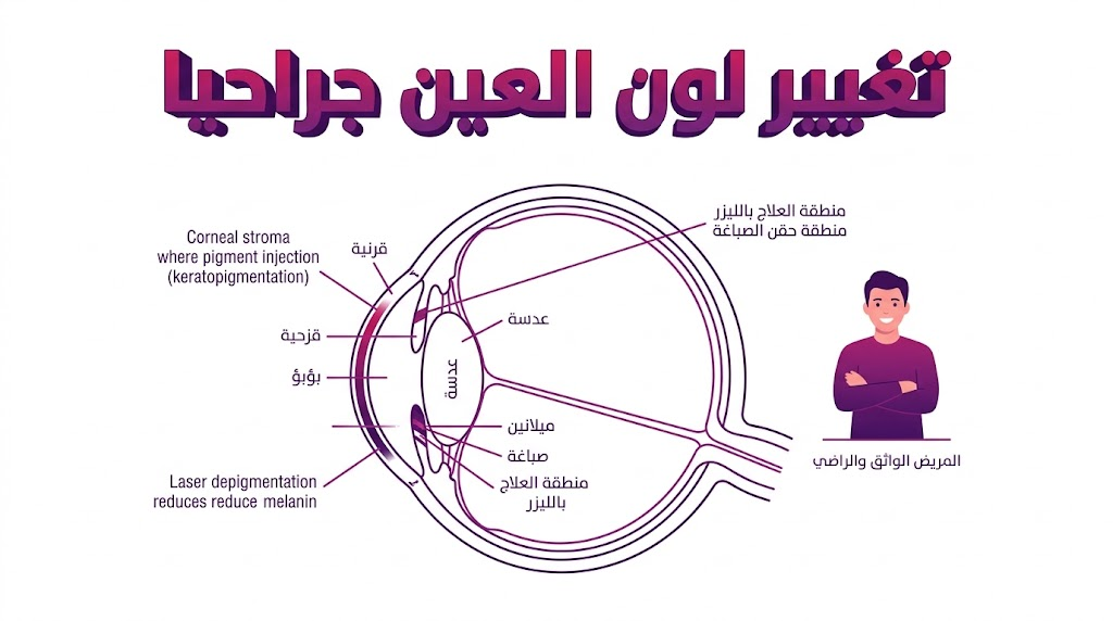 مخطط تشريحي وتوضيحي يبرز التفاصيل العلمية لكيفية تغيير لون العين جراحيا بأمان.