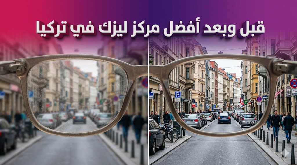 مقارنة قبل وبعد تصحيح النظر توضح الرؤية الضبابية مقابل الرؤية الواضحة في أفضل مركز ليزك في تركيا.