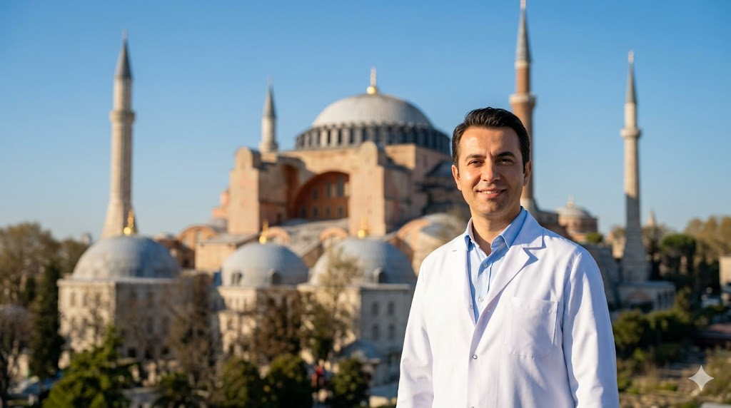 طبيب متخصص في زراعة شعر الشنب يقف أمام جامع آيا صوفيا في اسطنبول بتركيا.