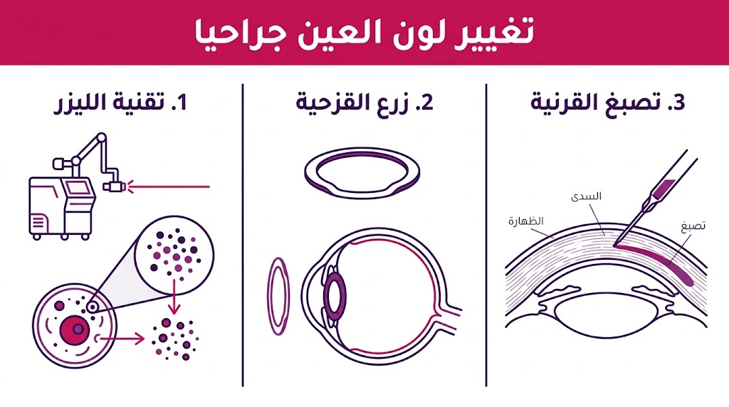 إنفوجرافيك طبي يوضح التقنيات الثلاث الرئيسية المستخدمة في تغيير لون العين جراحيا.