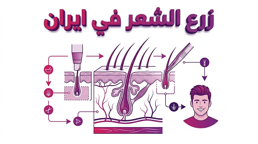  إنفوجرافيك طبي يوضح التشريح العلمي لبصيلات الشعر وكيفية زرع الشعر في ايران بتقنيات متطورة.