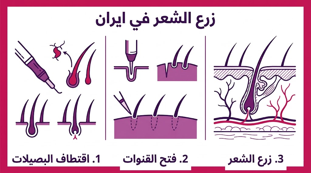  ملصق إنفوجرافيك تعليمي يشرح الخطوات الثلاث الأساسية لعملية زرع الشعر في ايران.