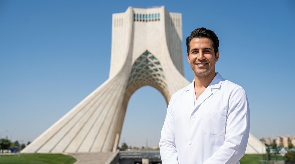  طبيب متخصص في زرع الشعر في ايران يقف أمام برج آزادي الشهير في طهران بابتسامة واثقة.