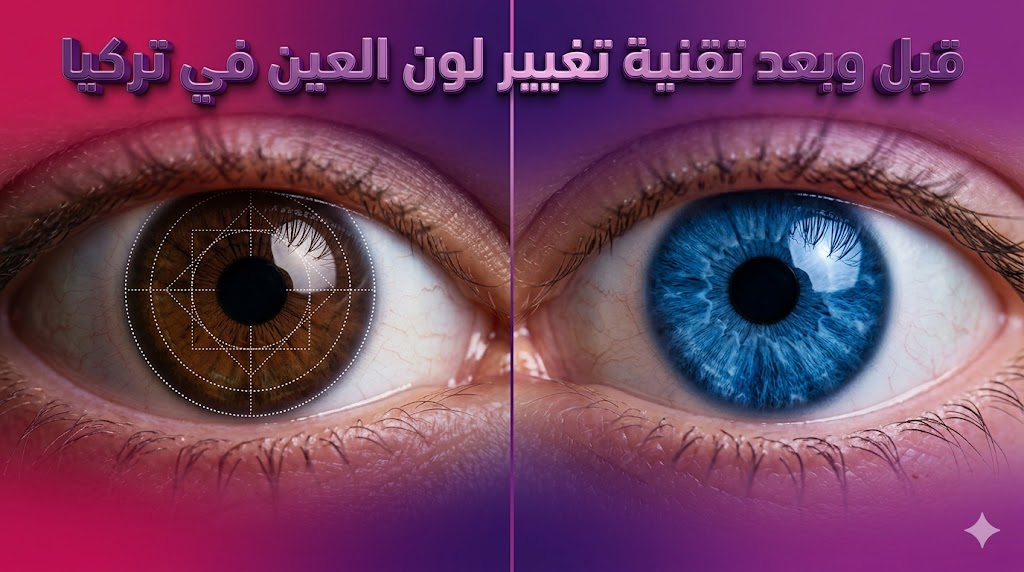صورة واقعية توضح نتائج قبل وبعد تقنية تغيير لون العين في تركيا مع نص ثلاثي الأبعاد.
