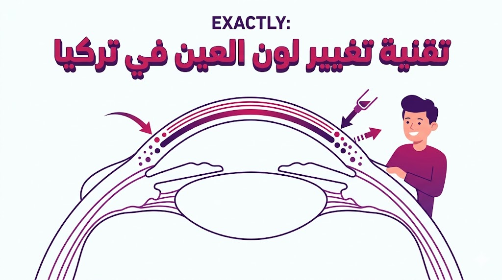 إنفوجرافيك تعليمي يوضح التشريح العلمي لعملية تقنية تغيير لون العين في تركيا وتوزع الصبغة في القرنية.