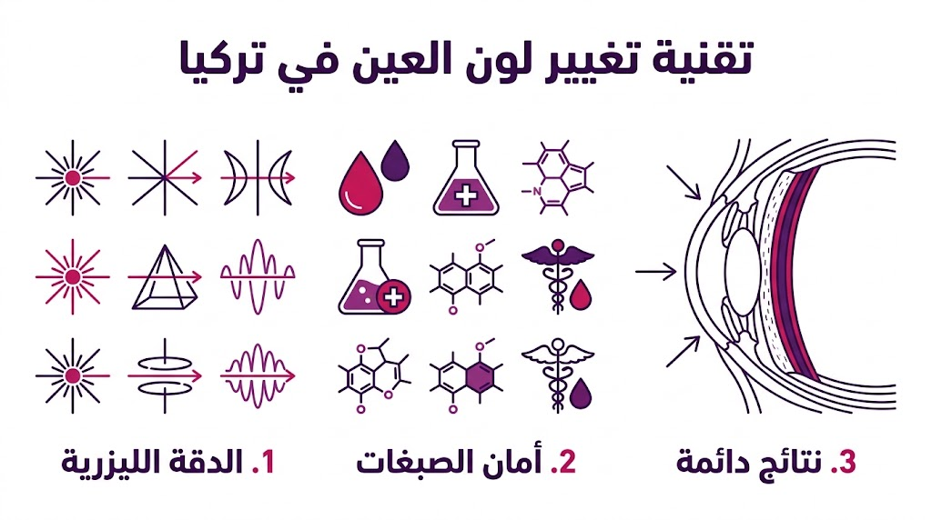بوستر إنفوجرافيك طبي يبرز مميزات تقنية تغيير لون العين في تركيا من حيث دقة الليزر وأمان المواد المستخدمة.