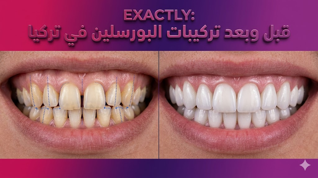 مقارنة قبل وبعد لنتائج تركيبات البورسلين في تركيا تظهر تحول الأسنان المصبوغة إلى ابتسامة ناصعة البياض ومنتظمة.