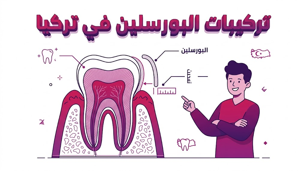  إنفوجرافيك طبي يوضح العلم وراء تركيبات البورسلين في تركيا وكيفية التصاق القشرة الخزفية بميناء الأسنان.