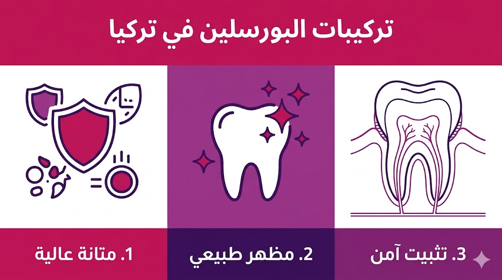 ملصق إنفوجرافيك يوضح مميزات تركيبات البورسلين في تركيا من حيث المتانة والمظهر الطبيعي وأمان التثبيت.
