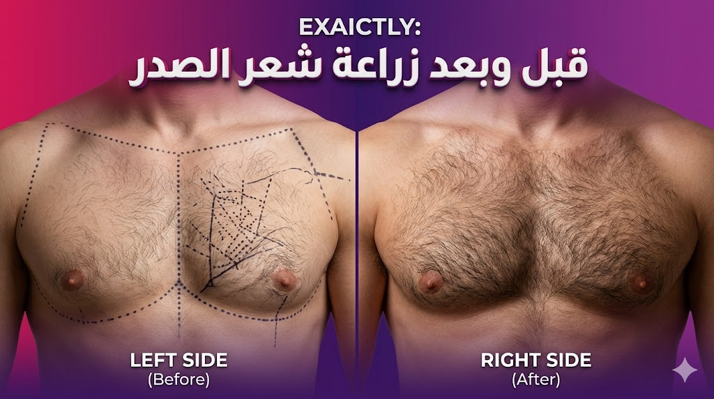 صورة مقارنة "قبل وبعد زراعة شعر الصدر" تظهر تخطيط العملية والنتيجة النهائية الكثيفة والطبيعية.