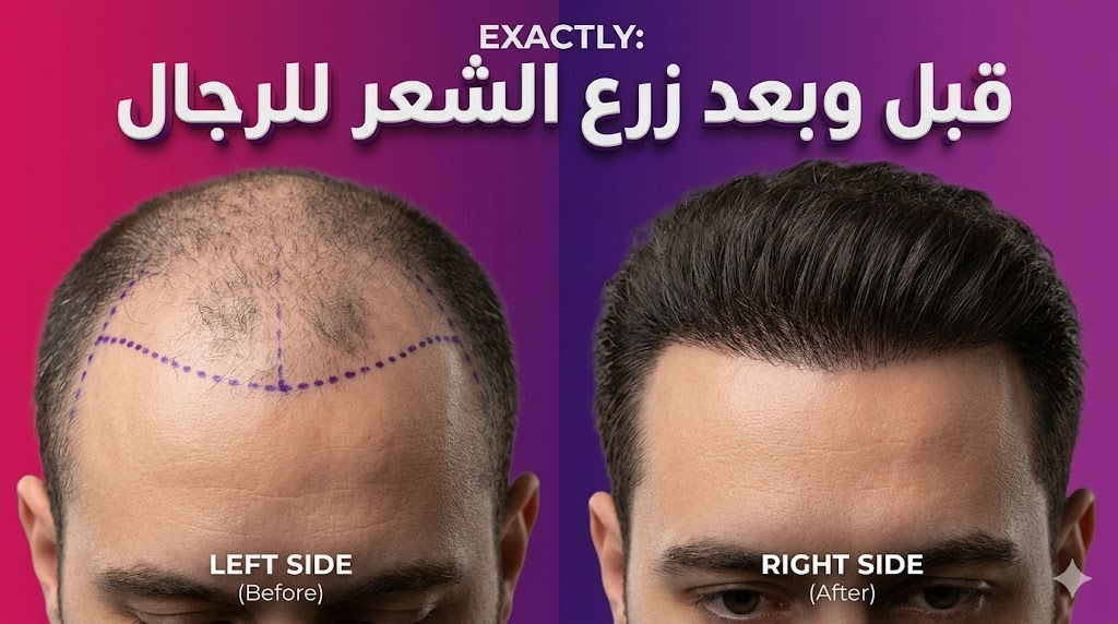 صورة مقارنة "قبل وبعد" تظهر نتائج زرع الشعر للرجال مع تخطيط طبي دقيق ونتيجة نهائية كثيفة وطبيعية.