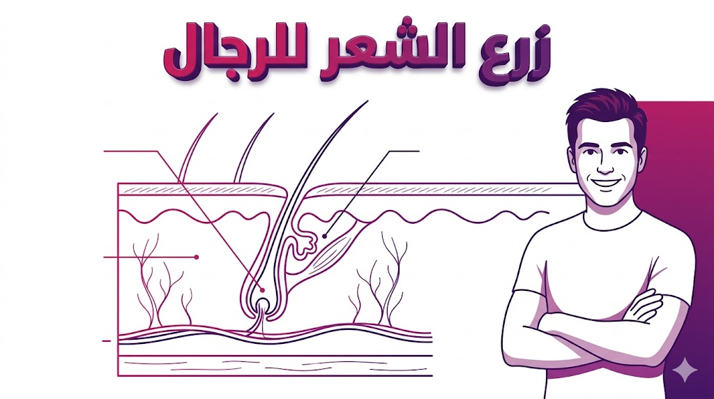  إنفوجرافيك تعليمي يوضح تشريح بصلة الشعر وكيفية غرسها في فروة الرأس لعملية زرع الشعر للرجال.