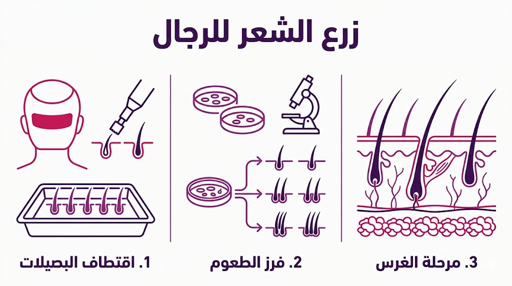 بوستر إنفوجرافيك طبي يوضح مراحل زرع الشعر للرجال من الاقتطاف حتى الغرس النهائي.
