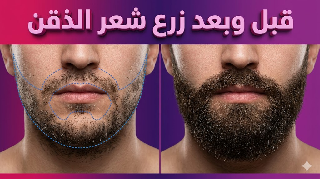 صورة قبل وبعد زرع شعر الذقن توضح التحول من اللحية الخفيفة إلى الكثافة الكاملة.
