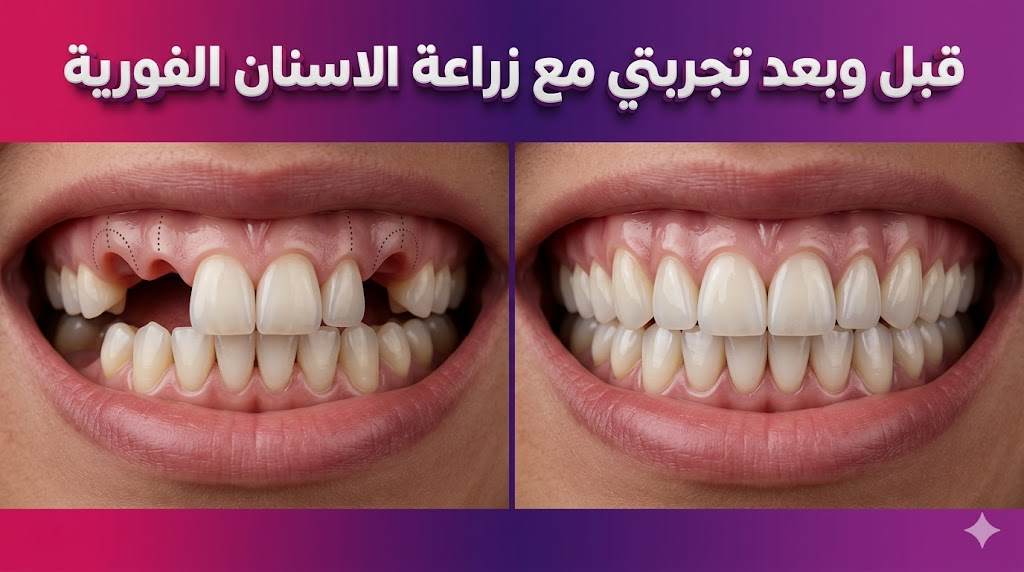  صورة قبل وبعد توضح نتائج تجربتي مع زراعة الاسنان الفورية والتحول الجذري في الابتسامة.