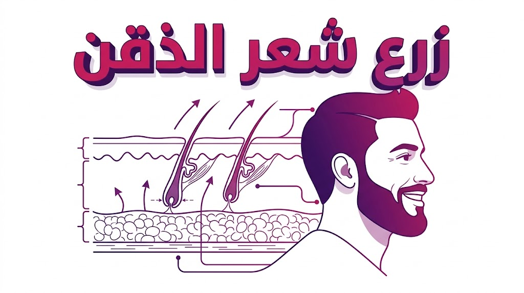 مخطط طبي يوضح تقنية زراعة البصيلات في منطقة اللحية لعملية زرع شعر الذقن.
