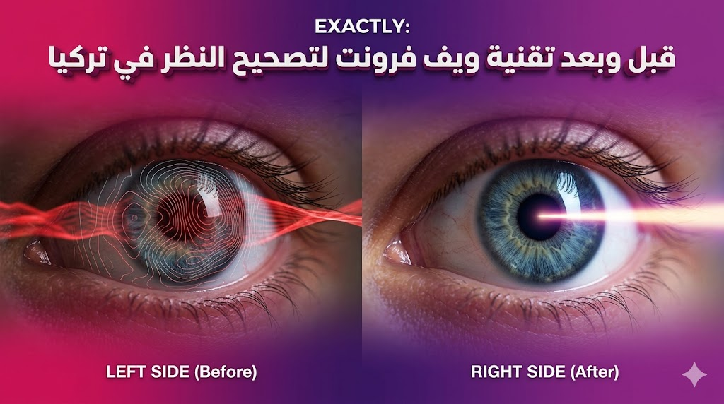 مقارنة قبل وبعد تظهر دقة تقنية ويف فرونت لتصحيح النظر في تركيا في معالجة تشوهات الرؤية وتحقيق وضوح بصري تام.