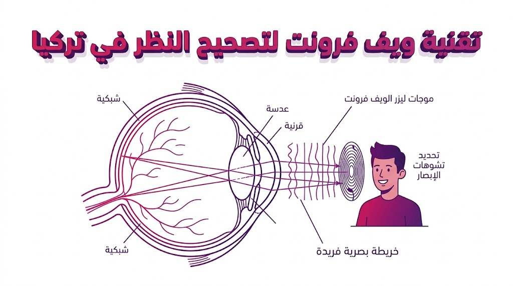 إنفوجرافيك طبي يوضح التشريح الداخلي للعين وكيفية عمل تقنية ويف فرونت لتصحيح النظر في تركيا لرسم خريطة بصرية دقيقة.