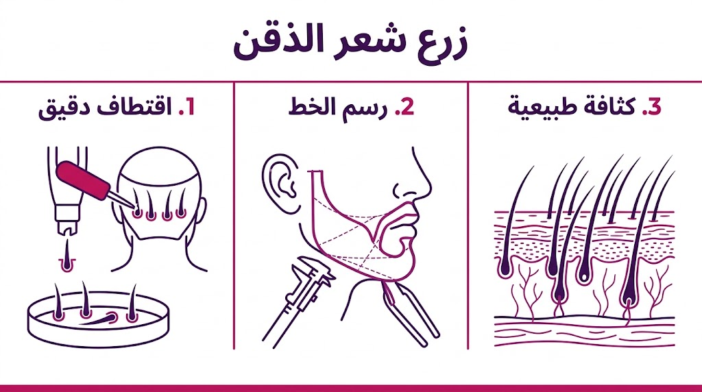  إنفوجرافيك يوضح مراحل زرع شعر الذقن من الاقتطاف إلى الرسم والكثافة النهائية.