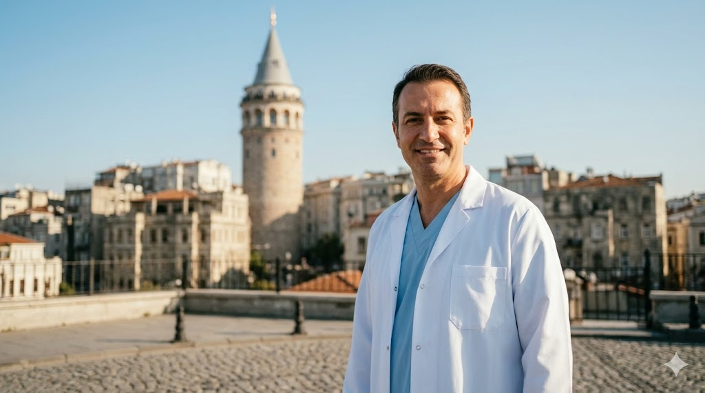  طبيب مختص في زرع شعر الذقن يقف أمام برج غالاتا التاريخي في مدينة إسطنبول بتركيا.