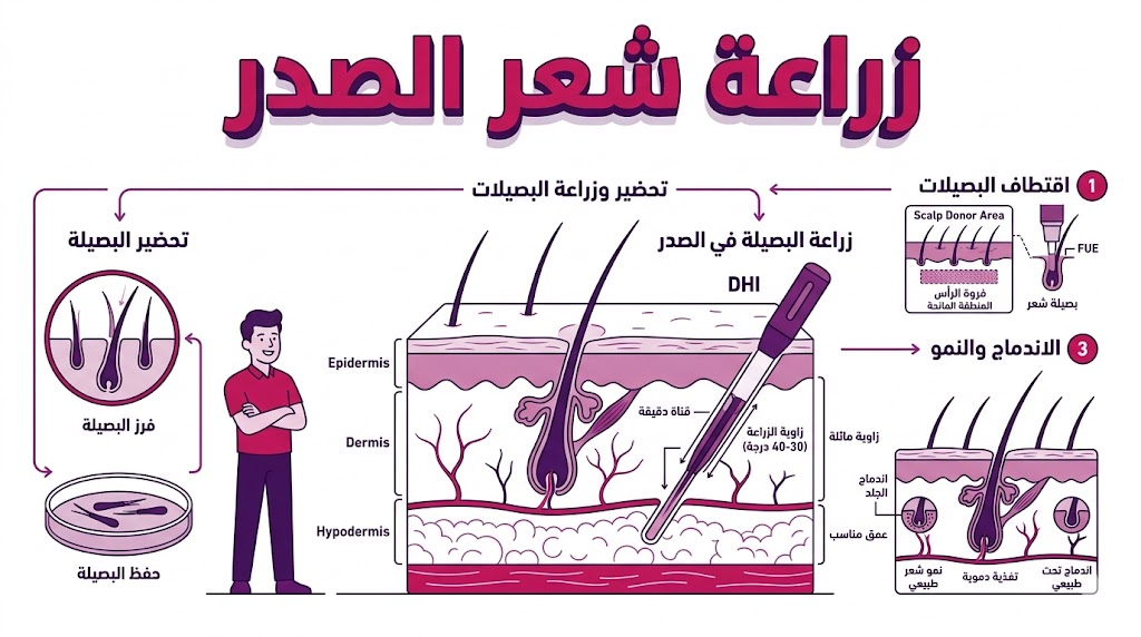 مخطط تشريحي يوضح تقنية غرس بصيلات الشعر في منطقة الصدر مع شخصية كرتونية واثقة تعبر عن نجاح زراعة شعر الصدر.
