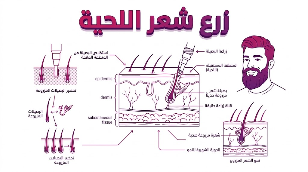 انفوجرافيك طبي يوضح تشريح بصيلات الشعر وكيفية غرسها أثناء عملية زرع شعر اللحية بشكل علمي.