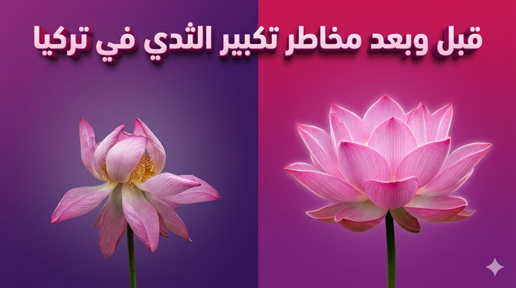 مقارنة رمزية فنية توضح التحول والنتائج قبل وبعد مخاطر تكبير الثدي في تركيا باستخدام أزهار اللوتس.