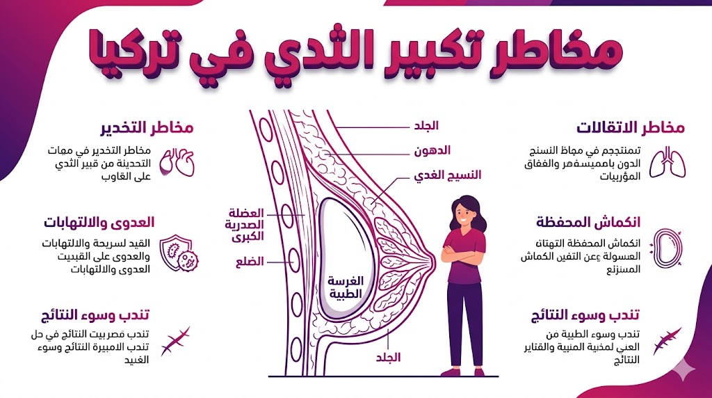 مخطط تشريحي يوضح العلم الجراحي خلف مخاطر تكبير الثدي في تركيا وكيفية توضع الحشوات بأمان.