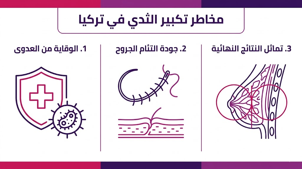  إنفوجرافيك تعليمي يستعرض 3 محاور أساسية لتجنب مخاطر تكبير الثدي في تركيا وضمان أفضل النتائج.