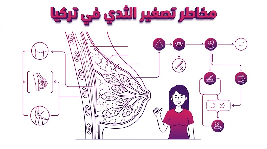 إنفوجرافيك تشريحي يوضح التركيب الداخلي للأنسجة لضمان فهم مخاطر تصغير الثدي في تركيا بشكل علمي دقيق.