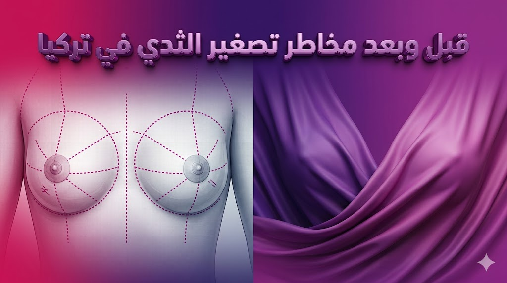 مقارنة توضيحية لنتائج قبل وبعد مع مراعاة مخاطر تصغير الثدي في تركيا تظهر دقة التخطيط الجراحي والنتائج المثالية.
