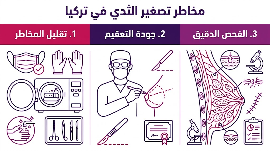 ملصق إنفوجرافيك طبي يوضح ثلاث نقاط أساسية للوقاية من مخاطر تصغير الثدي في تركيا.
