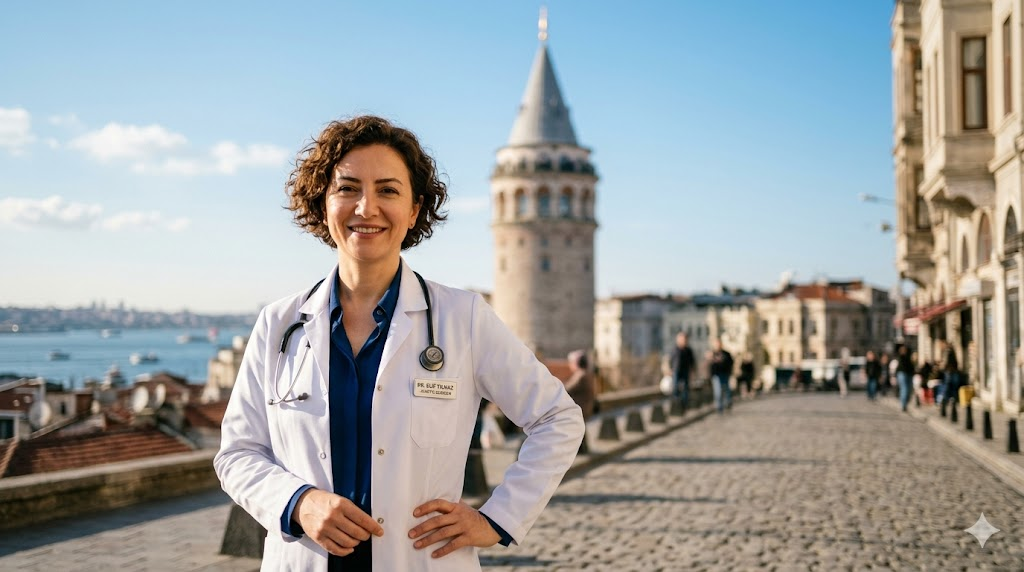 طبيب تجميل يقف أمام برج غالاطة في اسطنبول لتمثيل الأمان والجودة الطبية لتجنب مخاطر تصغير الثدي في تركيا.