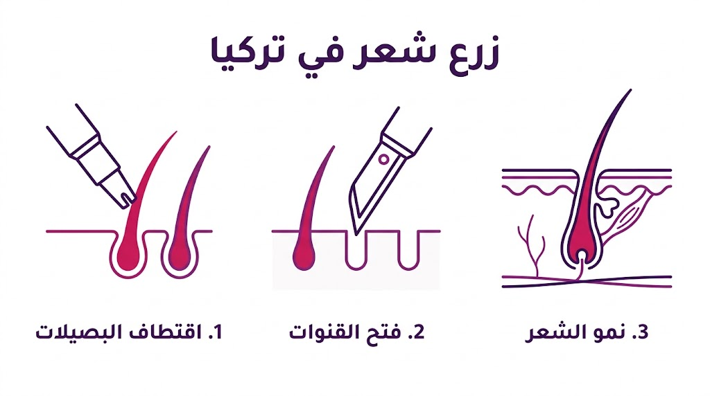 بوستر إنفوجرافيك تعليمي يشرح المراحل الثلاث الأساسية لعملية زرع شعر في تركيا.