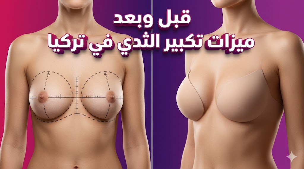 مقارنة قبل وبعد توضح ميزات تكبير الثدي في تركيا مع علامات جراحية دقيقة ونتائج نهائية متناسقة وطبيعية.